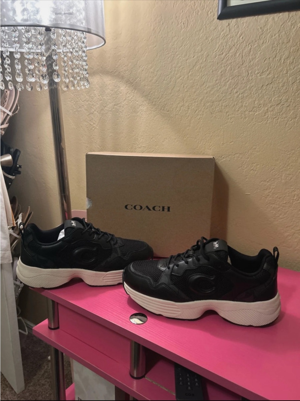 COACH Black Leather & Mesh Chunky Sneaker with White Sole